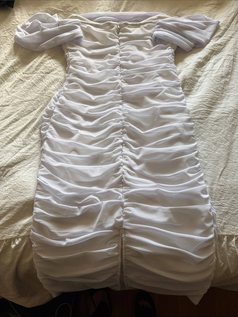 Off-Shoulder Ruched White Midi Dress - Picture 8 of 8